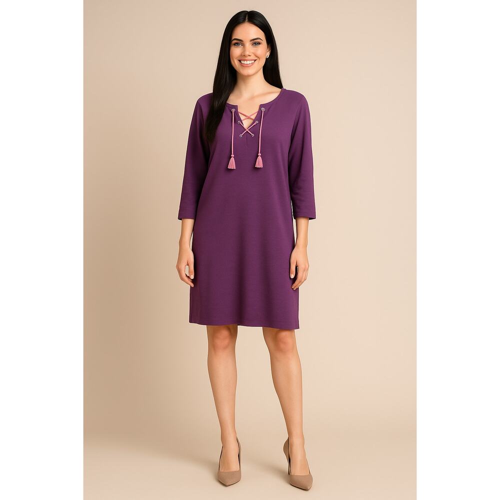 Boden Cotton Purple Tunic Dress with Pink Cross Tie Neckline - Size 18